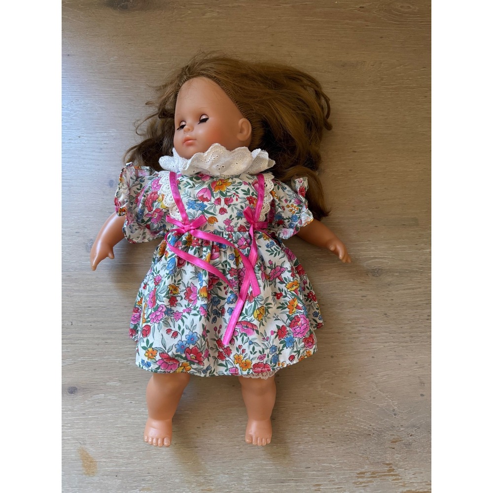 Zapf Creation 16 Inch Baby Doll Blue Sleep Eyes Brown Hair Floral Dress Vintage